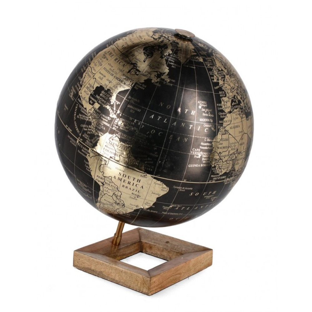 Bizzotto ADVENTURE BLACK SQU WOOD DECOR GLOBE H38